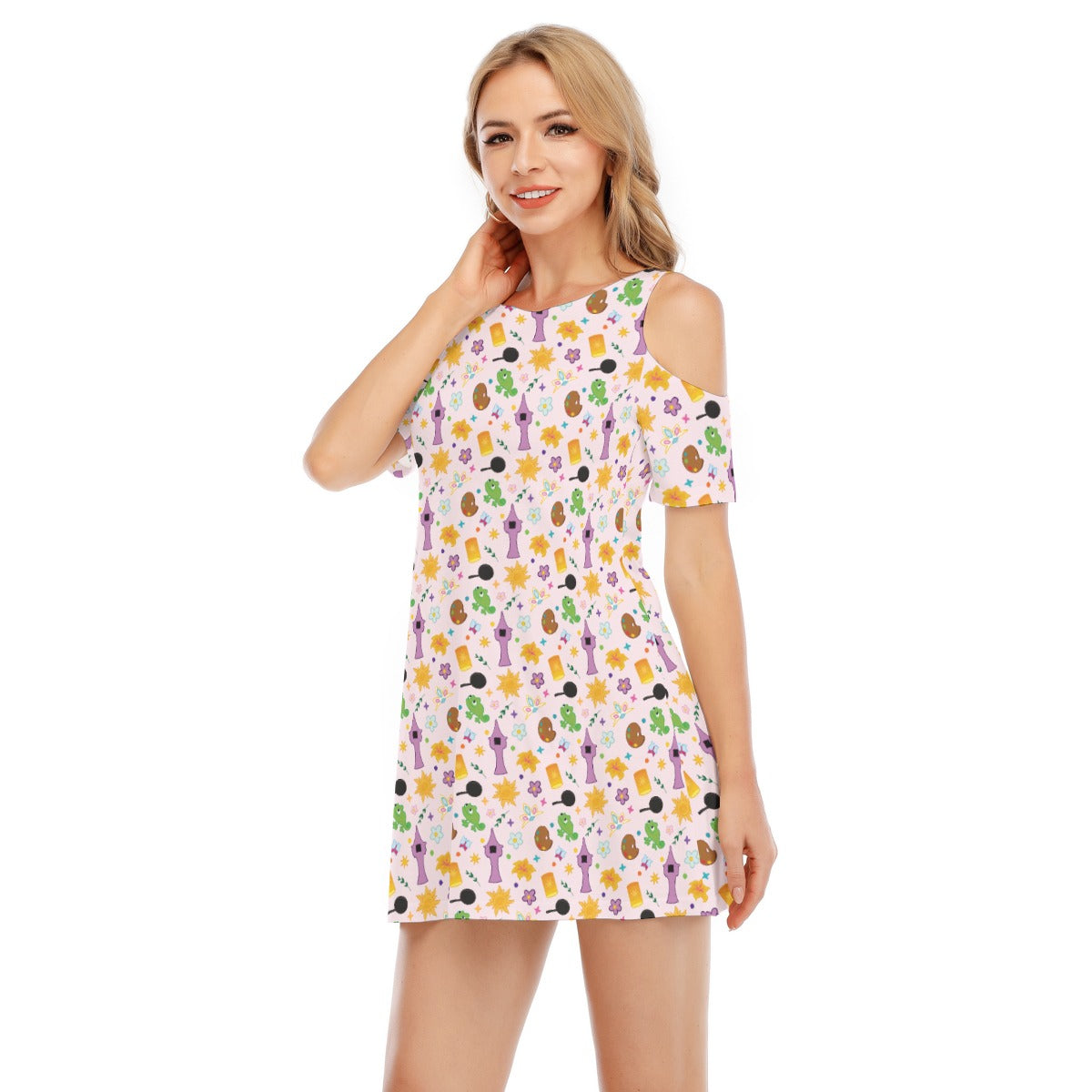 Long Hair Princess Icons - Women's Cold Shoulder Cotton Dress