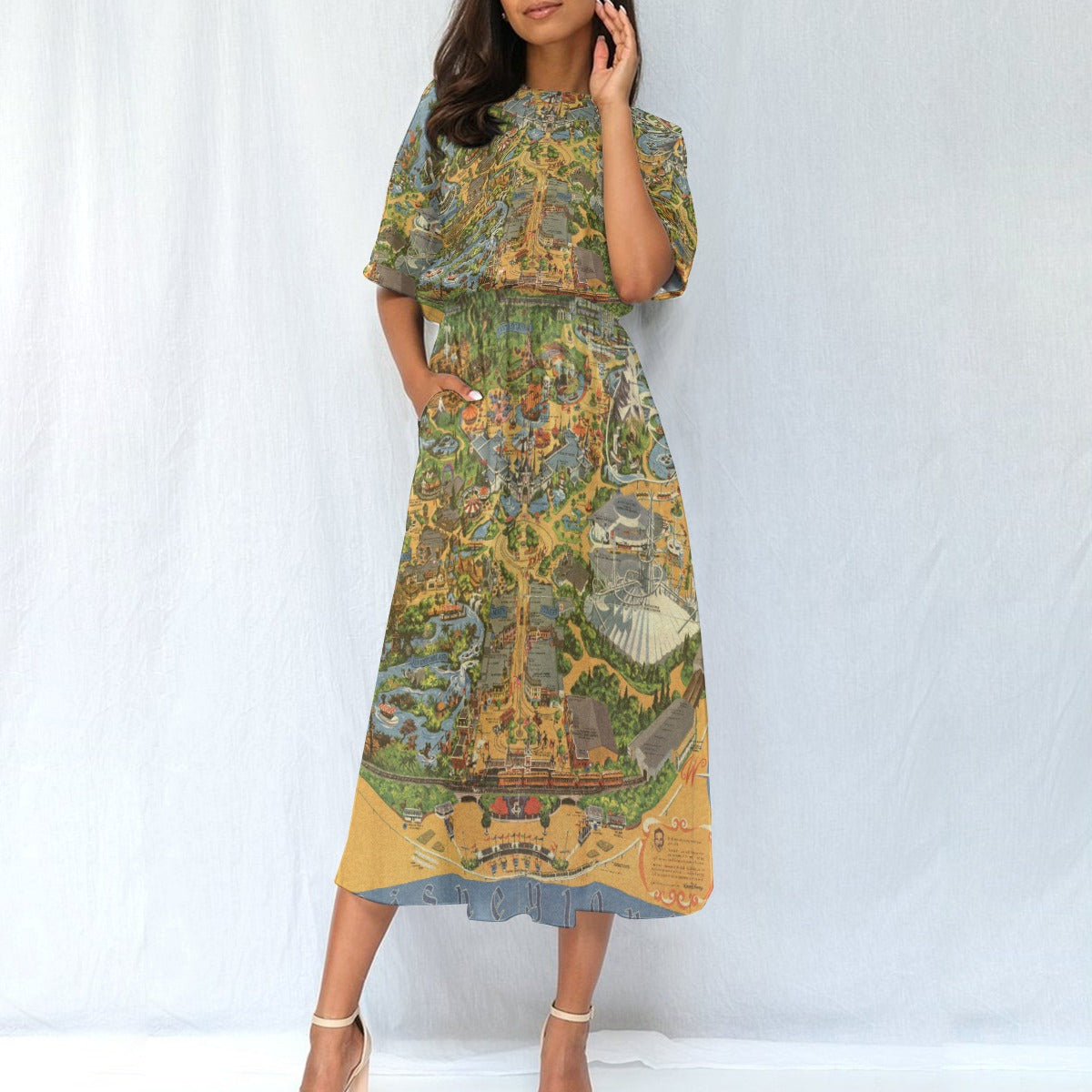 Vintage Theme Park Map - Women’s Elastic Waist Pocket Midi Dress