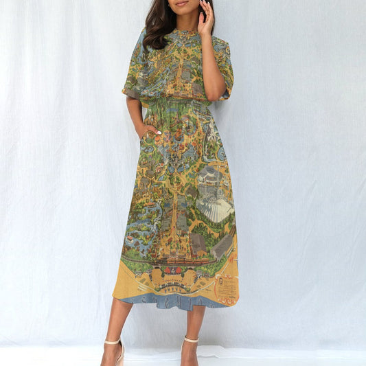 Vintage Theme Park Map - Women’s Elastic Waist Pocket Midi Dress