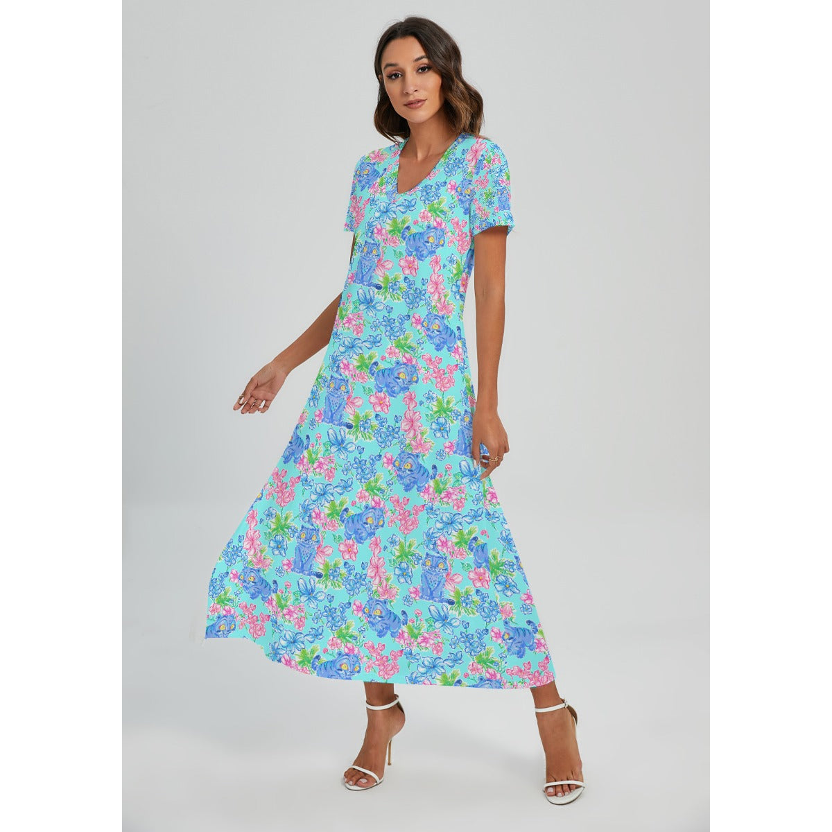 Derpy Tiger Blooms - Women's V-Neck Side Split Maxi Dress