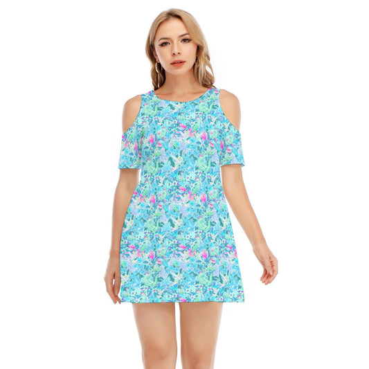 Bright Floral Flight - Neverland Adventure - Women's Cold Shoulder Cotton Dress