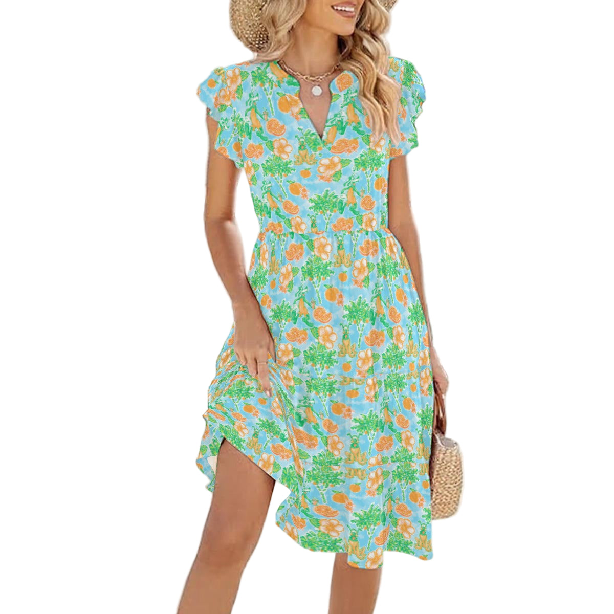 Neon Tangerine Island Pals - Women's Tiered Pocket Midi Dress