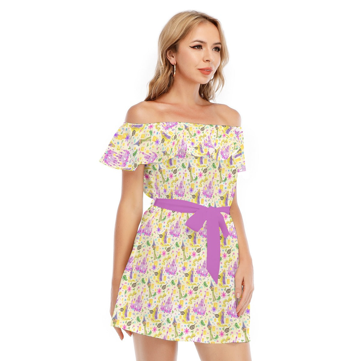 Watercolor Golden Hair Kingdom - Women's Off-shoulder Ruffle Dress