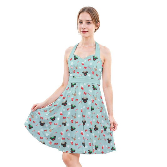 Festive Reindeer Mouse Holidayeers - Women's Halter Vintage Pocket Dress