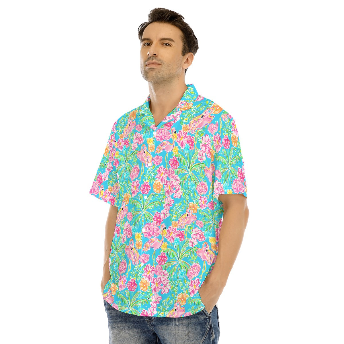 Flamingo Fiesta - Men's Hawaiian Button Up Shirt