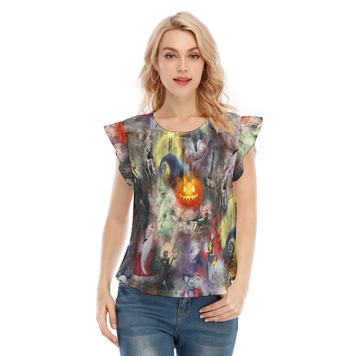 Watercolor Nightmare Town - Women’s Flutter Sleeve Top
