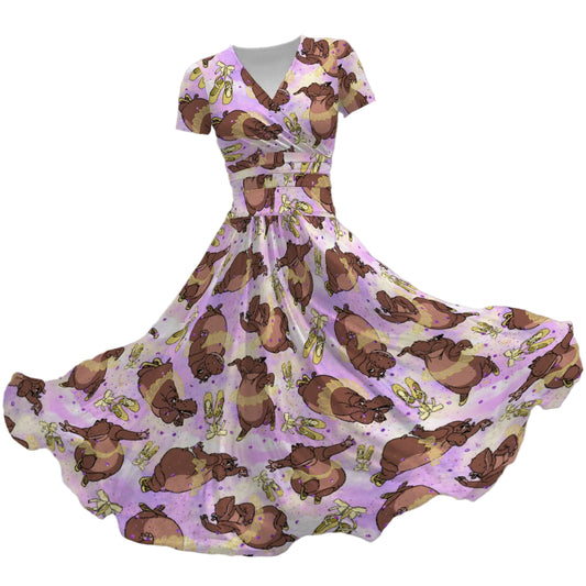 Ballerina Hippos - Women's V-Neck Ruched Midi Dress