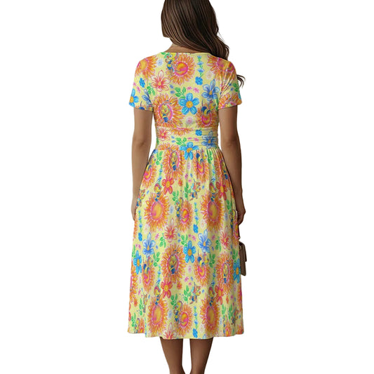 Buzzing Garden Buddy - Women's V-Neck Ruched Midi Dress