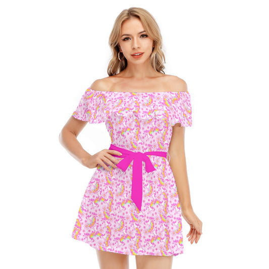 Unicorn Rainbows - Women's Off-shoulder Ruffle Dress