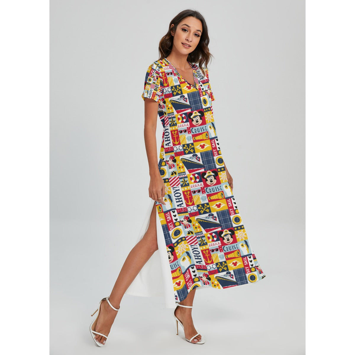 Nautical Cruise Patchwork - Women's V-Neck Side Split Maxi Dress
