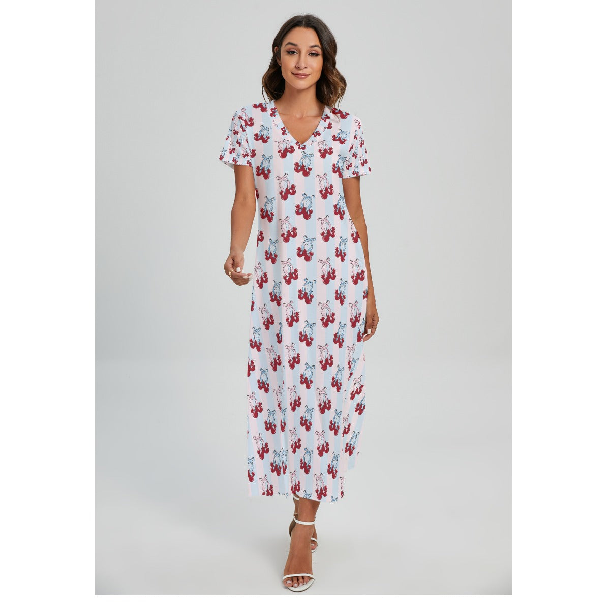 Cherry Ear Bows - Women's V-Neck Side Split Maxi Dress