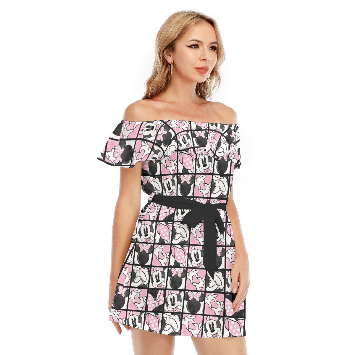 Mouse Bow Block Party - Women's Off-shoulder Ruffle Dress