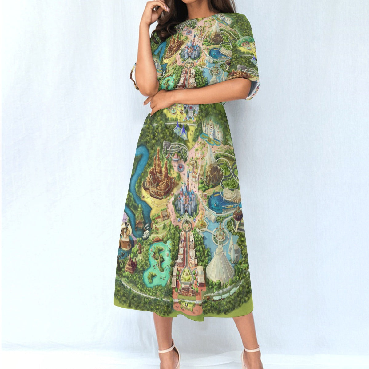 Colorful Theme Park Map - Women’s Elastic Waist Pocket Midi Dress