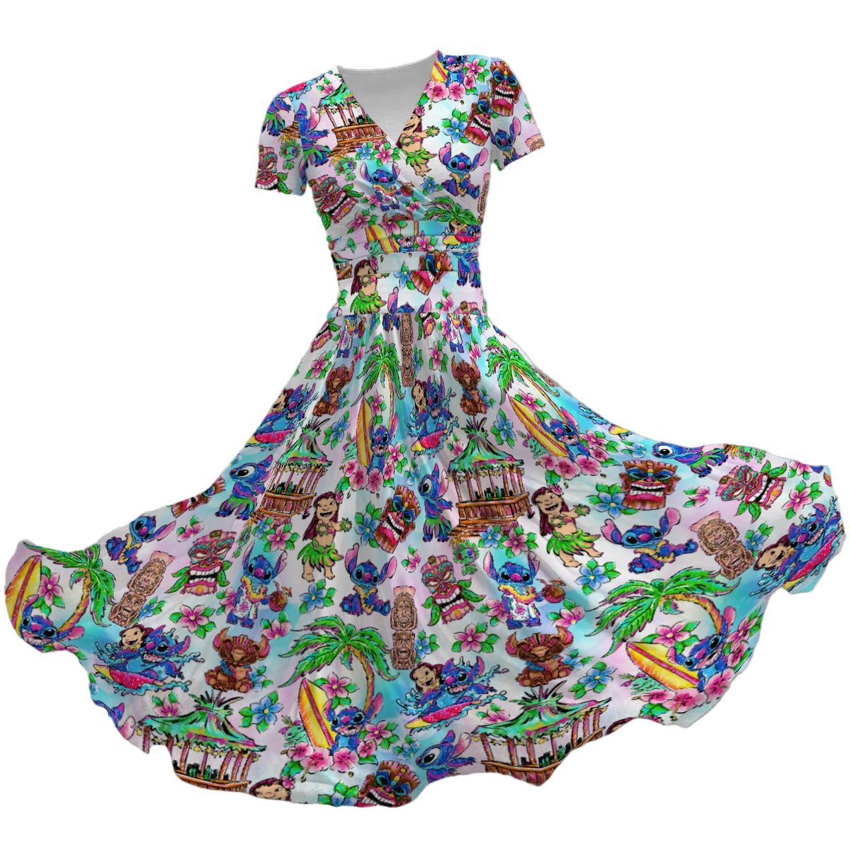 Bright Island Chaos Hand Drawn - Women's V-Neck Ruched Midi Dress