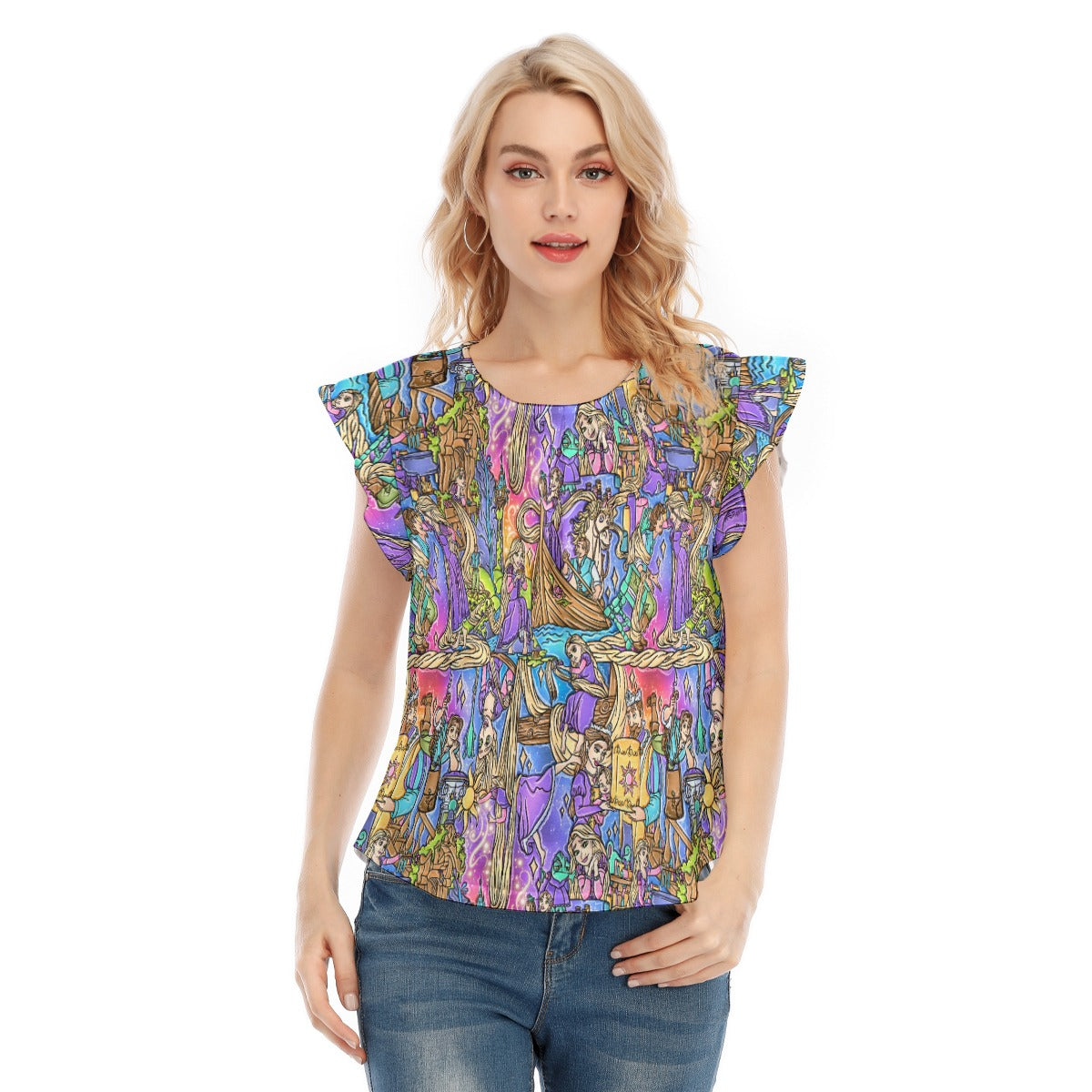 Golden Hair Storybook Scenes - Women’s Flutter Sleeve Top
