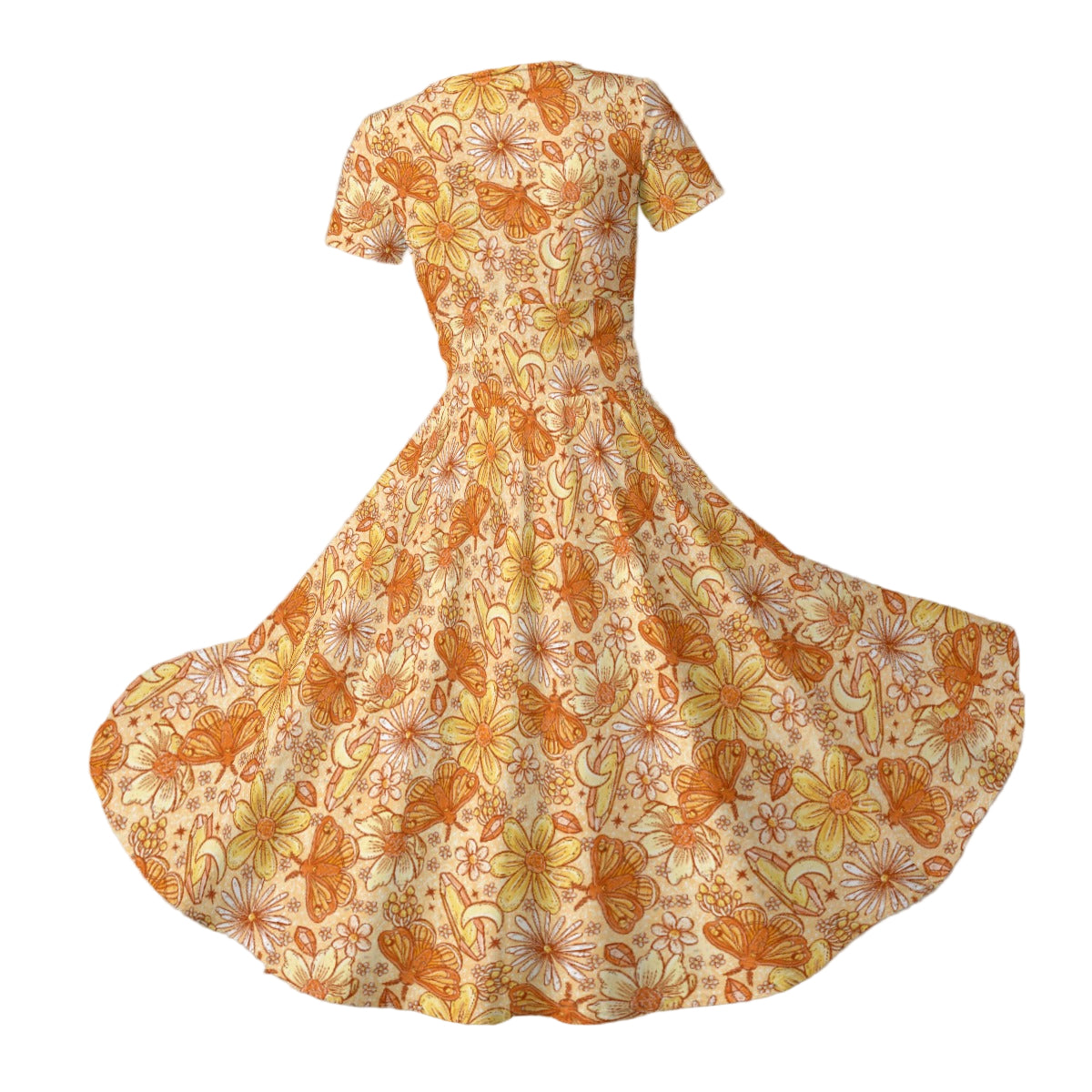 Orange Crystal Moths - Women's V-Neck Ruched Midi Dress