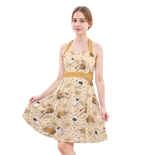 Botanical Robot Love Story - Women's Halter Vintage Pocket Dress
