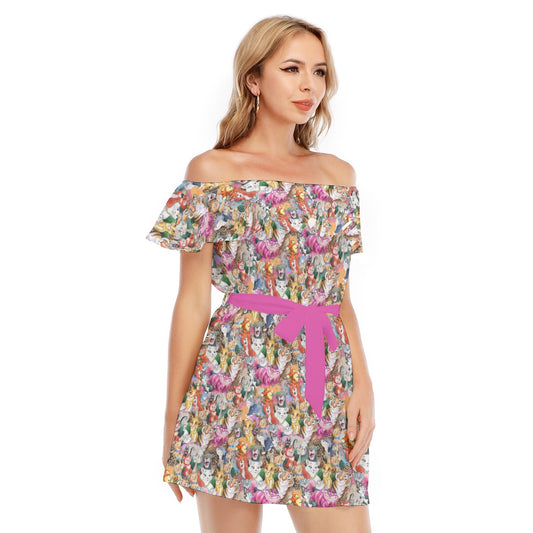 Whimsical Storybook Cats - Women's Off-shoulder Ruffle Dress