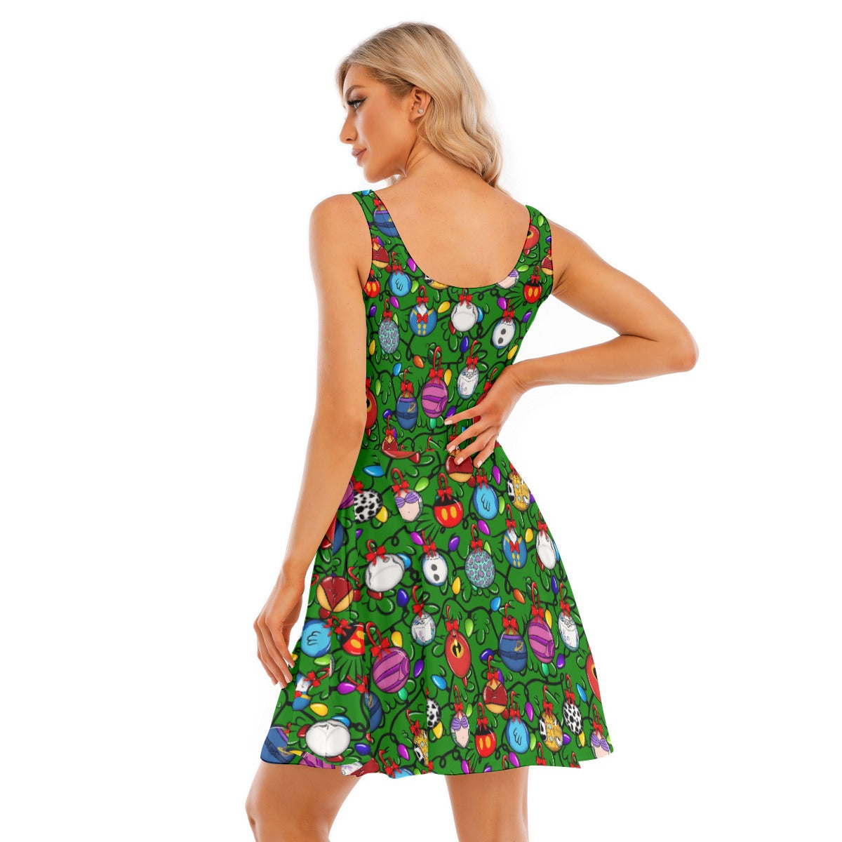 Festive Character Baubles on Green - Women's Sleeveless Pocket Skater Dress