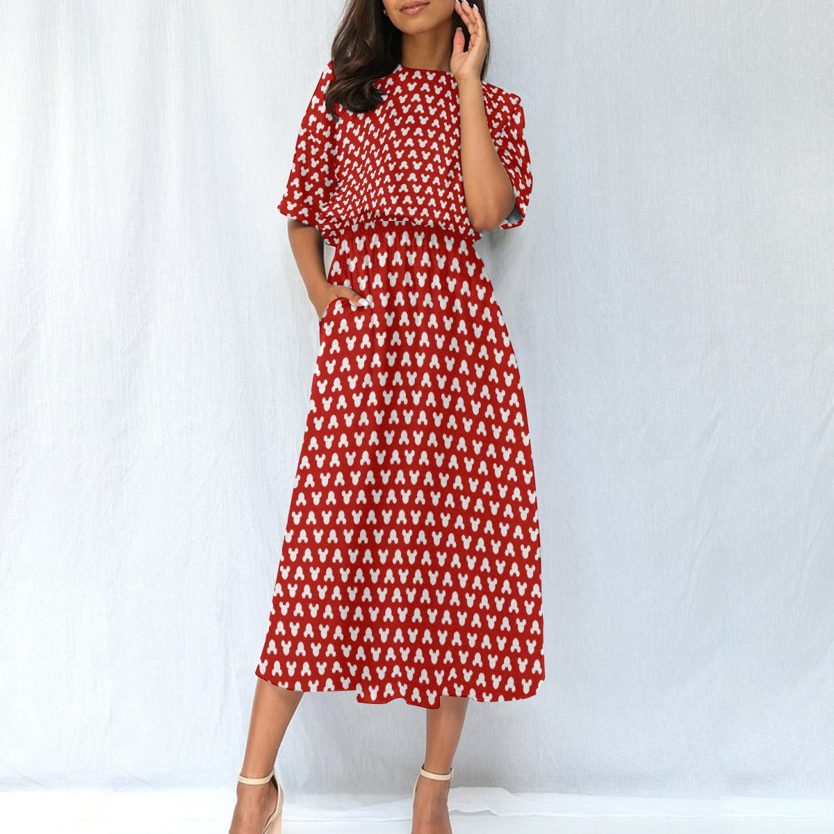Playful Polka Dot Ears Red - Women’s Elastic Waist Pocket Midi Dress