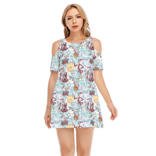 Santa Jack with Sally & Ghost DogZero - Women's Cold Shoulder Cotton Dress