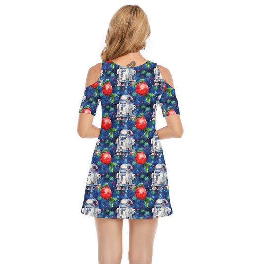 Little Blue Christmas Droid - Women's Cold Shoulder Cotton Dress