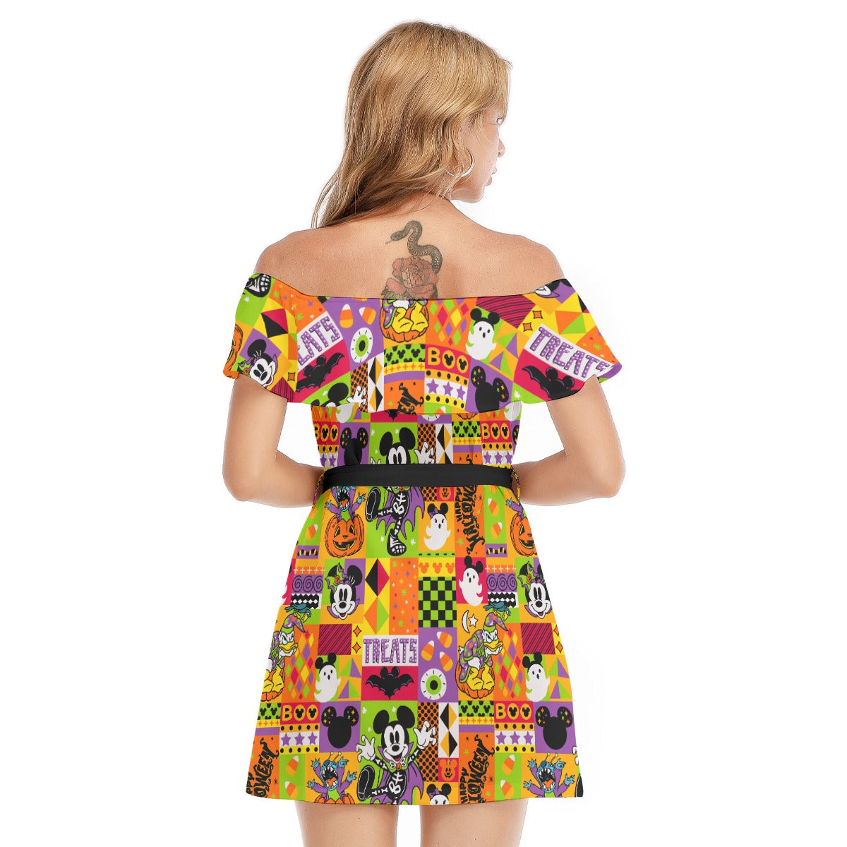 Spooky Patchwork Treats - Women's Off-shoulder Ruffle Dress