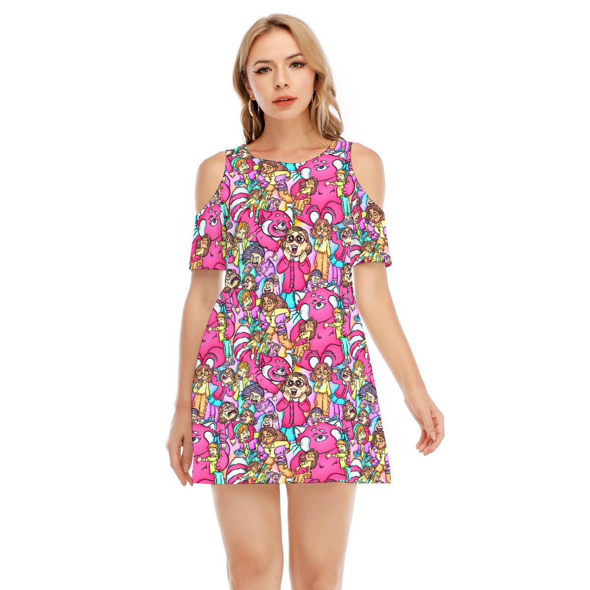 Red Panda Chaos Scenes - Women's Cold Shoulder Cotton Dress