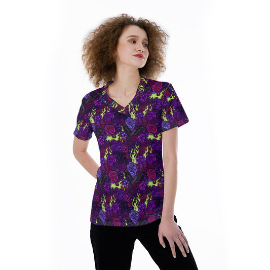 Fairytale Florals - Dark Enchantress - Women's Short Sleeve V-Neck T-Shirt