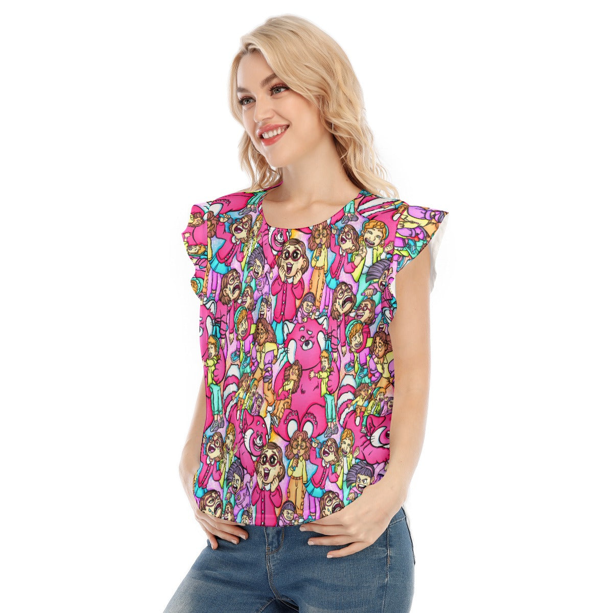 Red Panda Chaos Scenes - Women’s Flutter Sleeve Top