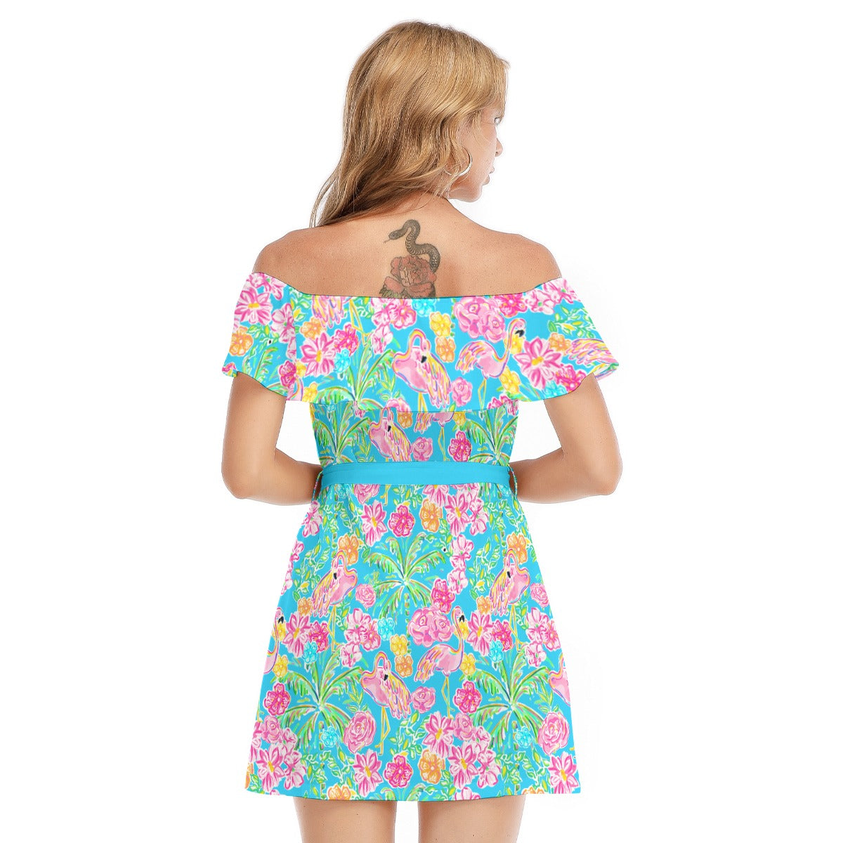 Flamingo Fiesta - Women's Off-shoulder Ruffle Dress