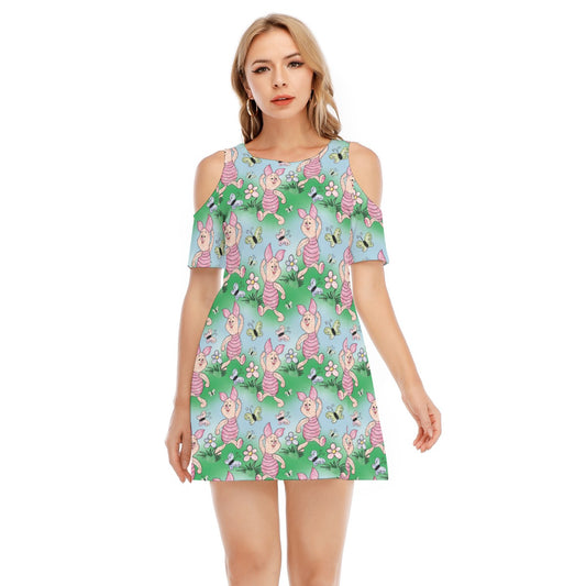 Sketched Shy Friend and Butterflies - Women's Cold Shoulder Cotton Dress