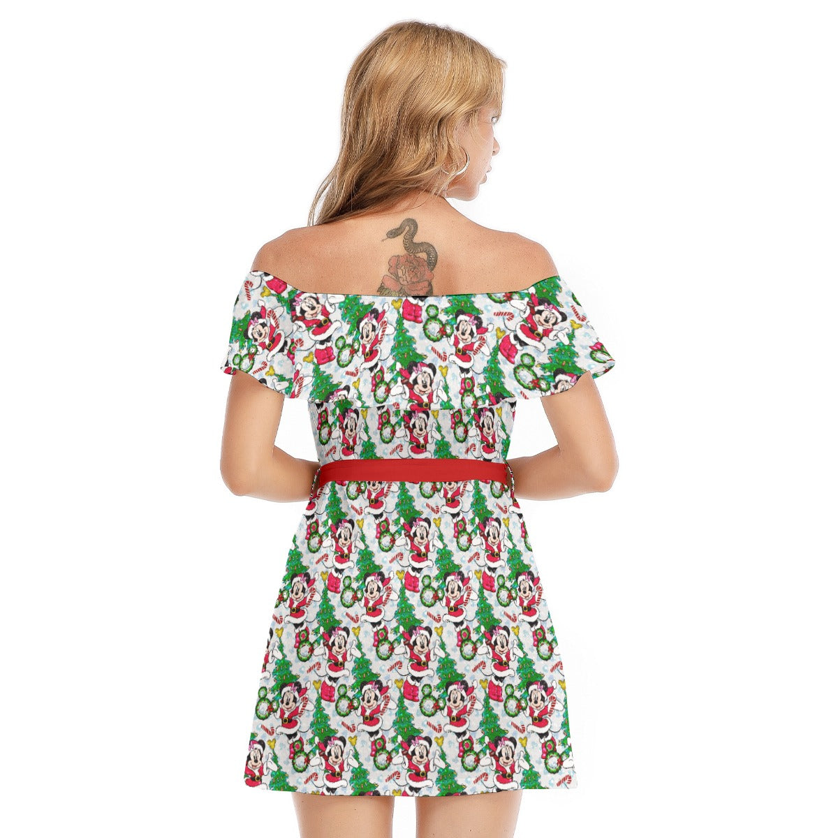 Santa Mouse with Sparkle - Women's Off-shoulder Ruffle Dress