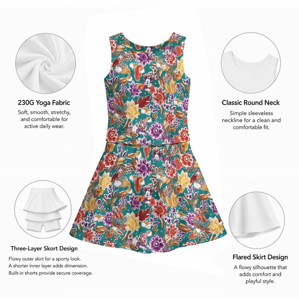 Mouse and Friends Fall Garden - Women’s Athletic Skort Set with Open-Back Crop Top