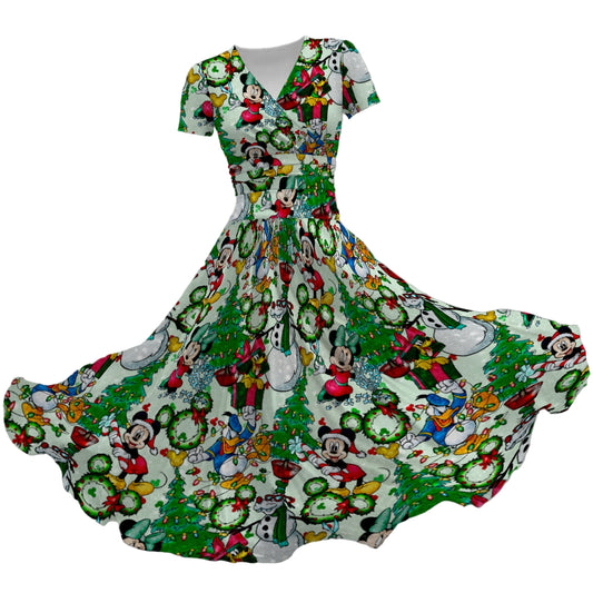 Mouse Friends Christmas Decorations - Women's V-Neck Ruched Midi Dress