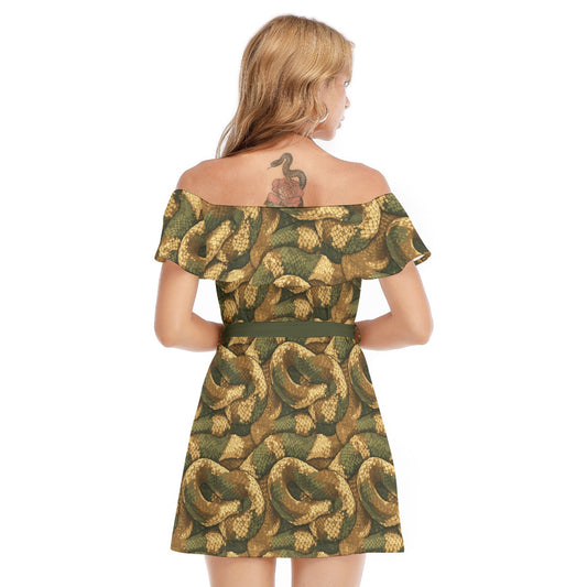 Animal Print - Snake - Women's Off-shoulder Ruffle Dress