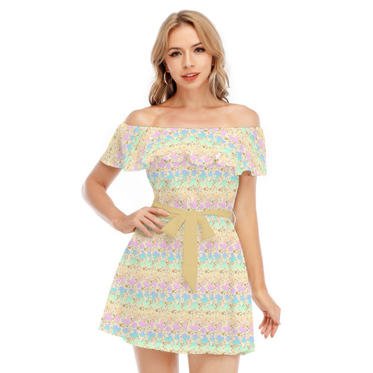 Gold Dot Rainbow Mouse Ears Castle - Women's Off-shoulder Ruffle Dress