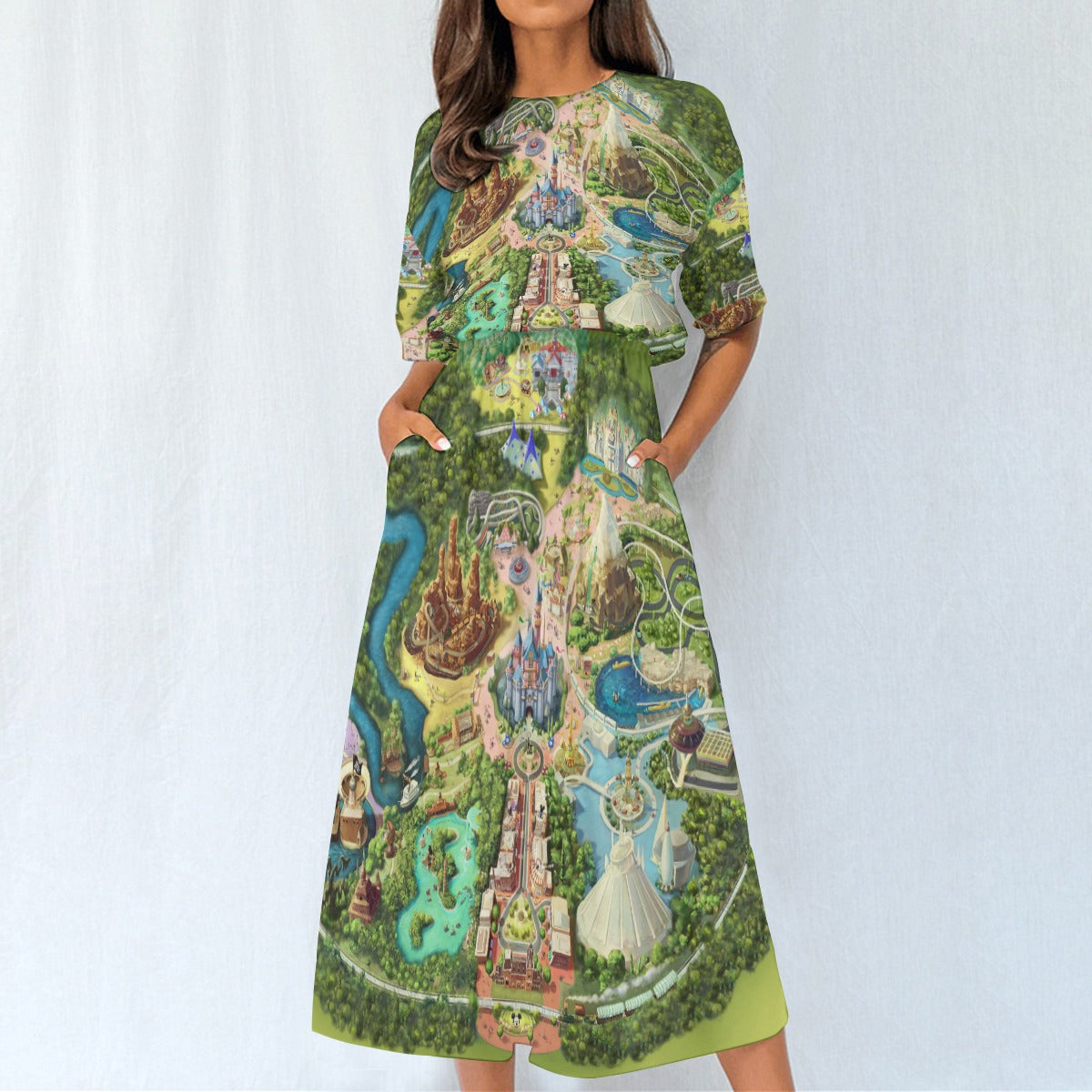 Colorful Theme Park Map - Women’s Elastic Waist Pocket Midi Dress