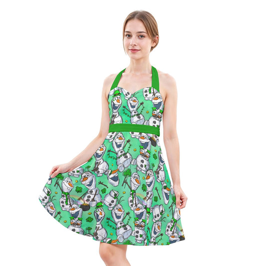 Sketched Snowman St. Patrick’s Day - Women's Halter Vintage Pocket Dress