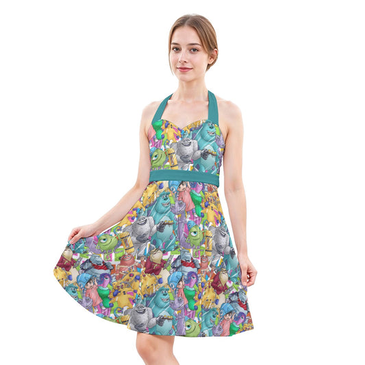 Monster Mayhem Sketched - Women's Halter Vintage Pocket Dress