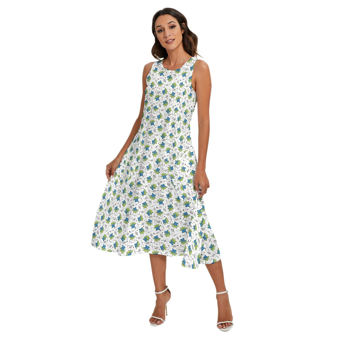 Little Green Aliens on White - Women’s Diagonal Pocket Midi Dress