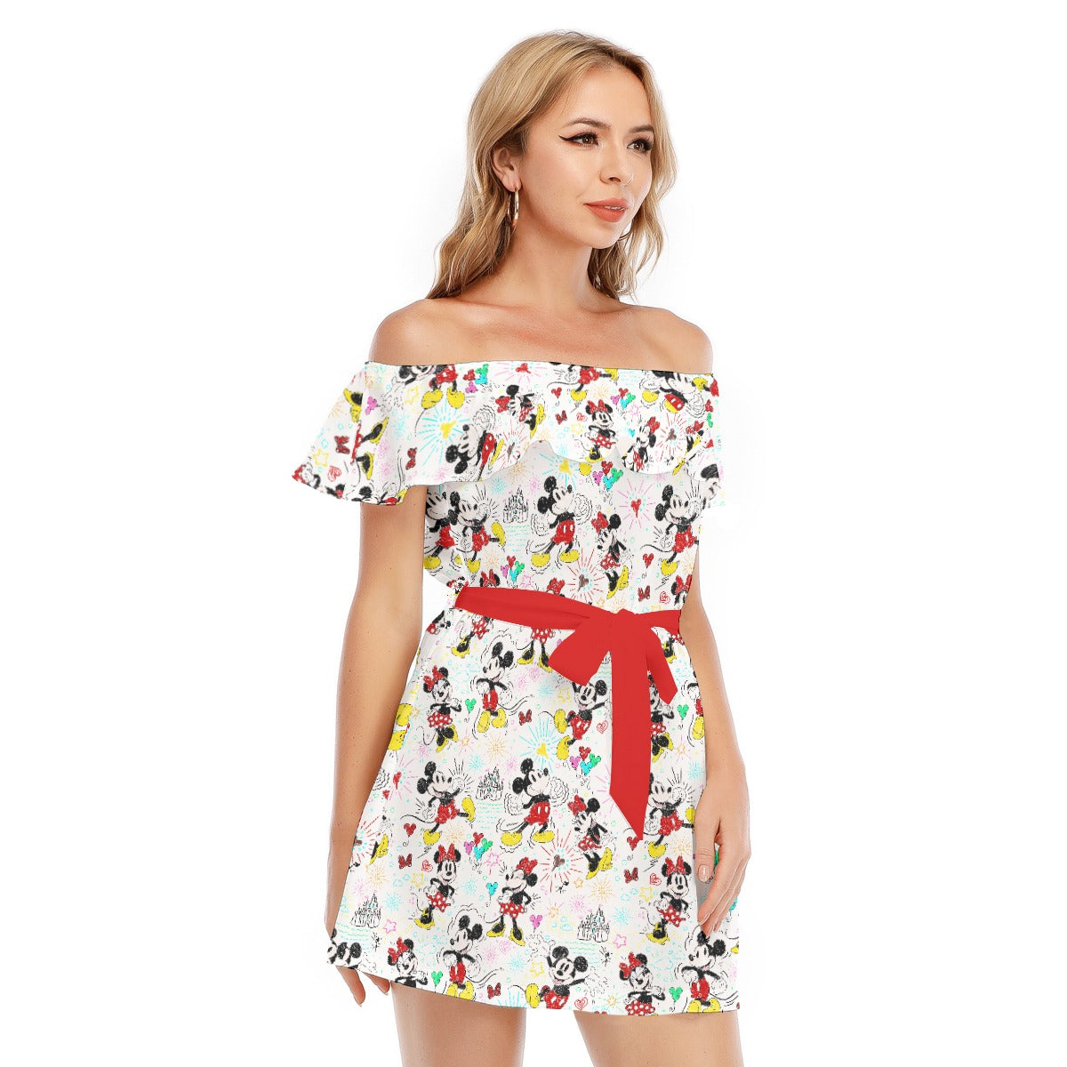 Doodle Mouse Magic - Women's Off-shoulder Ruffle Dress