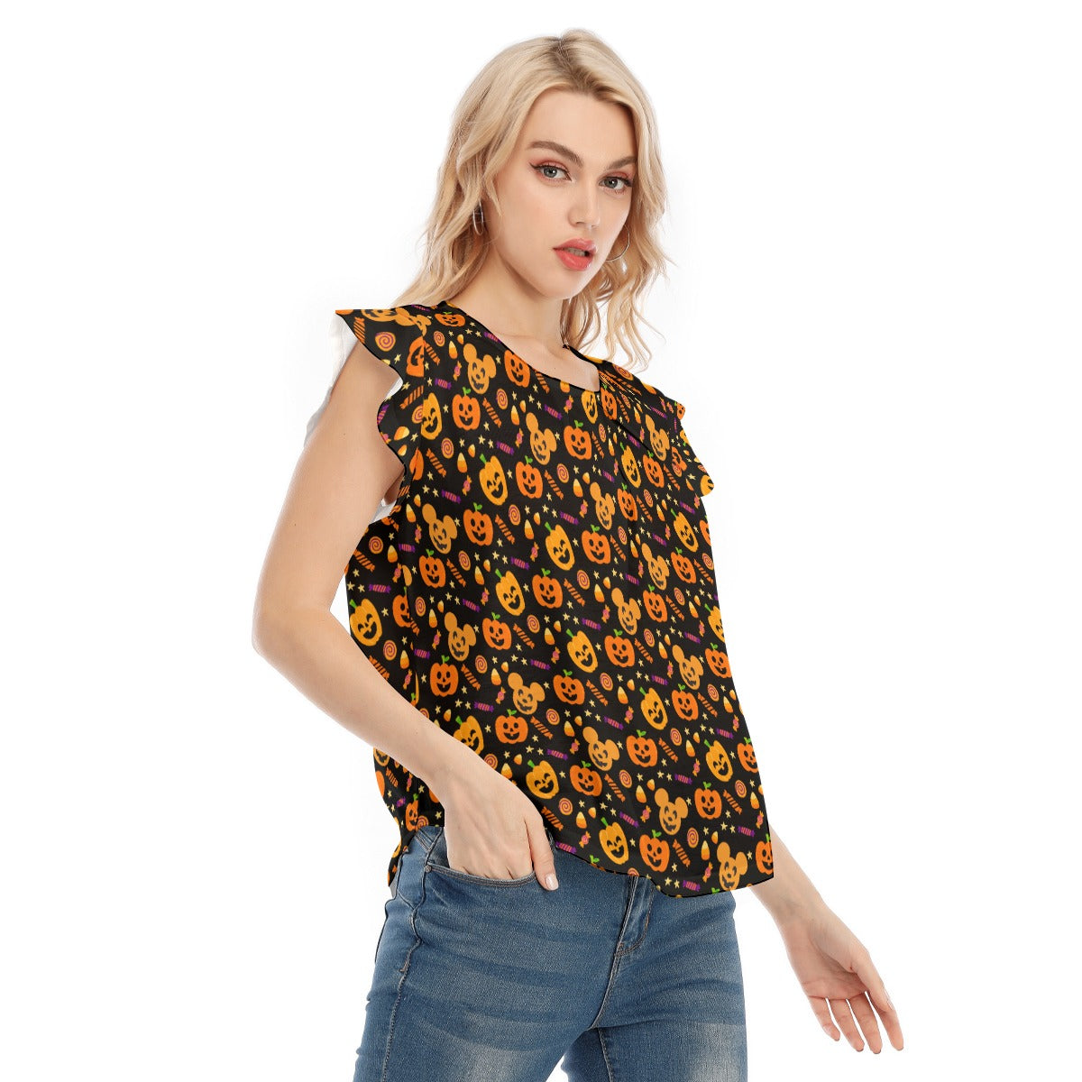 Cheerful Pumpkin Mouse Halloween - Women’s Flutter Sleeve Top