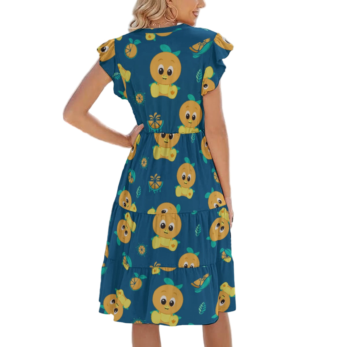Cheerful Citrus Bird - Women's Tiered Pocket Midi Dress