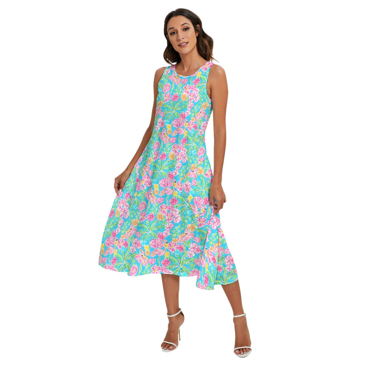 Flamingo Fiesta - Women’s Diagonal Pocket Midi Dress