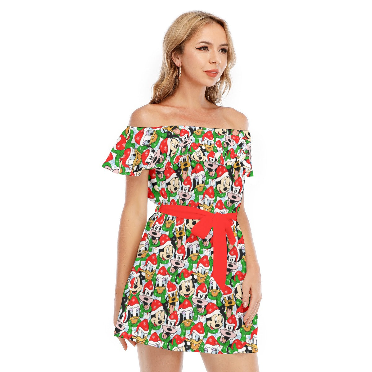 Mouse Friends in Santa Hats - Women's Off-shoulder Ruffle Dress