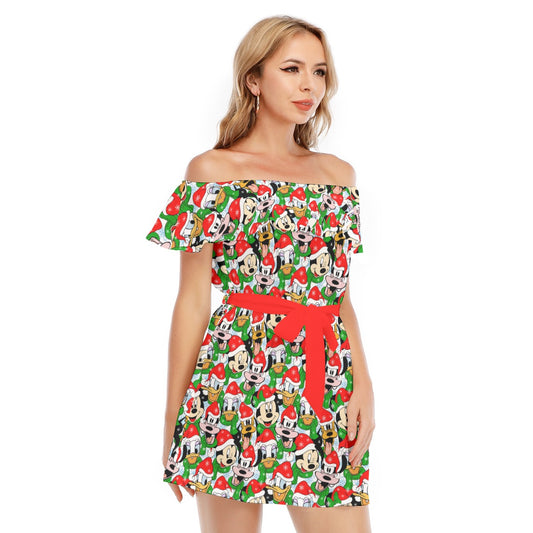 Mouse Friends in Santa Hats - Women's Off-shoulder Ruffle Dress