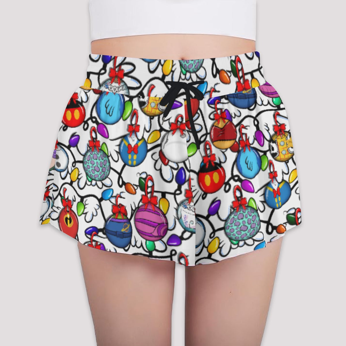 Festive Character Baubles on White - Girls’ Flowy Pocket Shorts