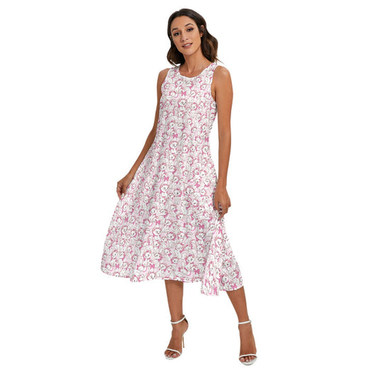 Sweet Kitten with Pink Bow - Women’s Diagonal Pocket Midi Dress
