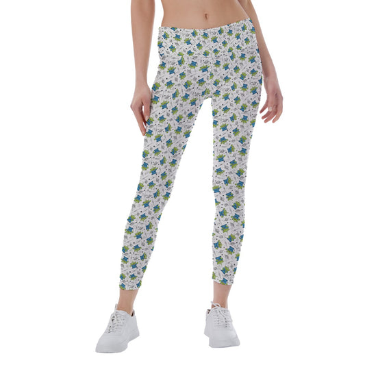 Playful Green Aliens on White - Women's Yoga Leggings